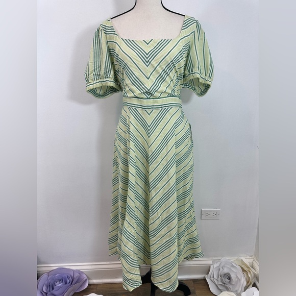New York & Company Dresses & Skirts - New York & Company Green Stripe Linen Blend Tie Waist Dress Women’s Size Large